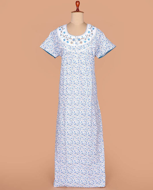 White-blue floral vine printed with neck floral embroidered half-sleeve round neck cotton nighty