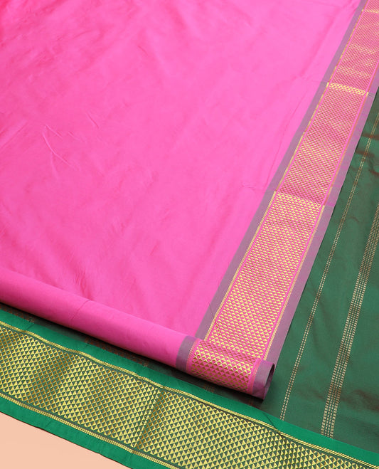 Pink Plain Ten-Yard Art Silk Saree, Complemented by a Contrast Traditional Ara Maadam Border, and Pallu Elevated with Traditional Ara Maadam and Zari Designs