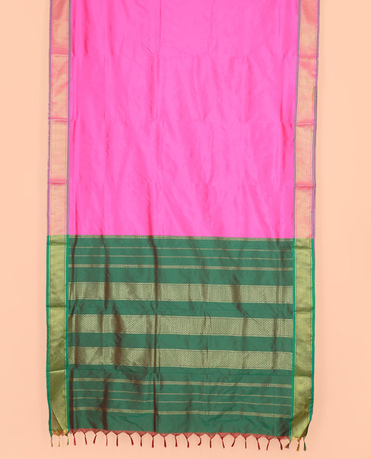 Pink Plain Ten-Yard Art Silk Saree, Complemented by a Contrast Traditional Ara Maadam Border, and Pallu Elevated with Traditional Ara Maadam and Zari Designs