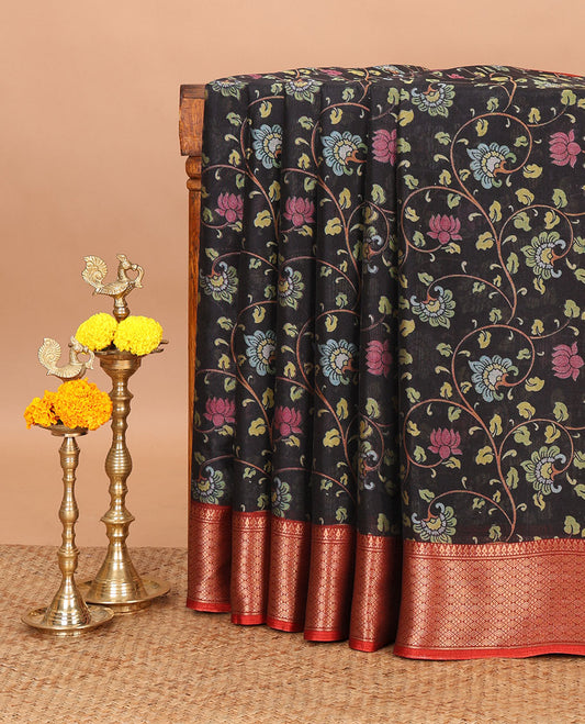 Black kalamkari-style floral vine printed dola silksaree,contrast traditional zari border & kalamkari peacock pallu