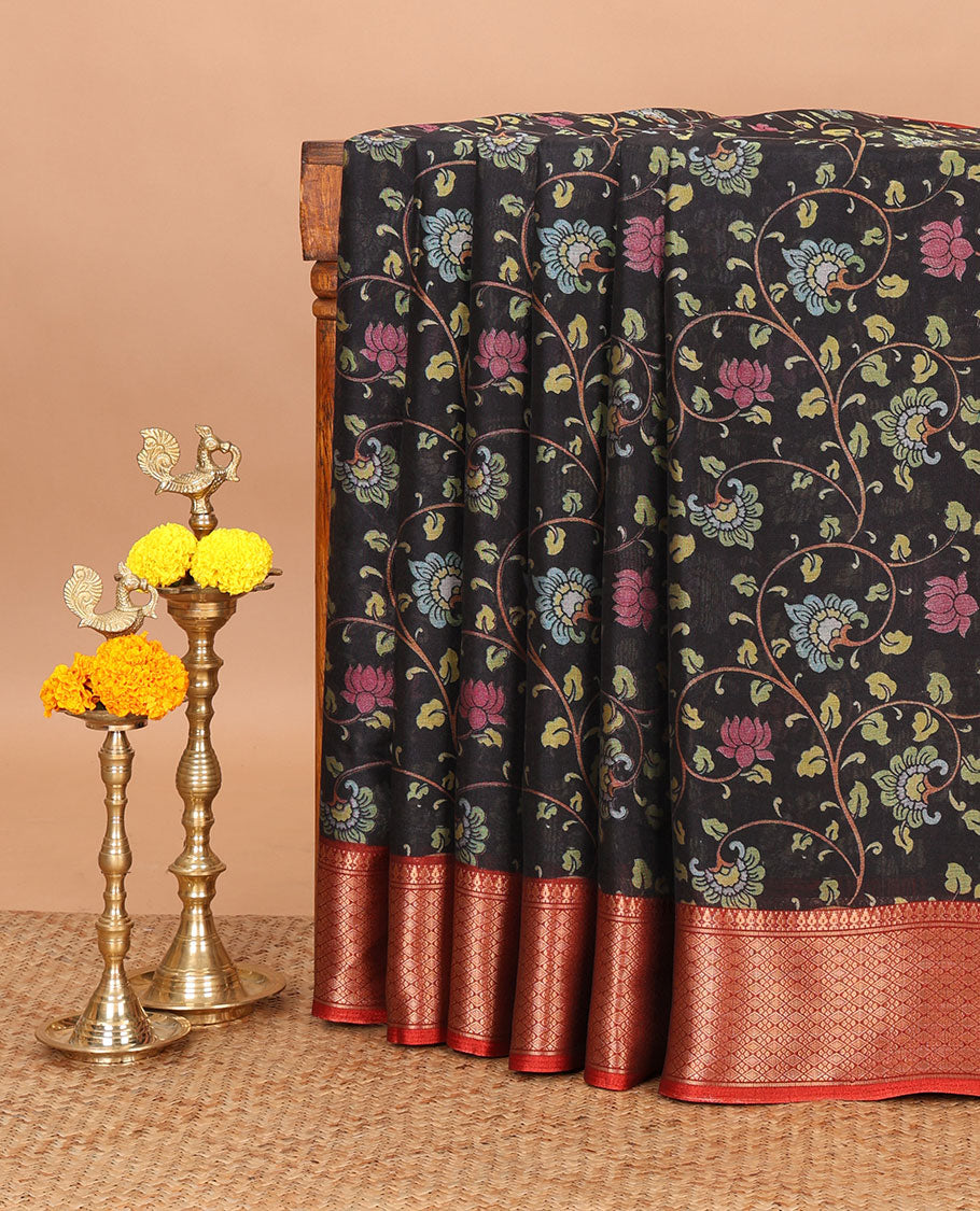 Black kalamkari-style floral vine printed dola silksaree,contrast traditional zari border & kalamkari peacock pallu
