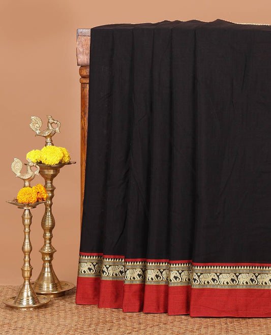 Black plain design masraise cotton saree, contrast border of temple & elephant designs & striped pallu