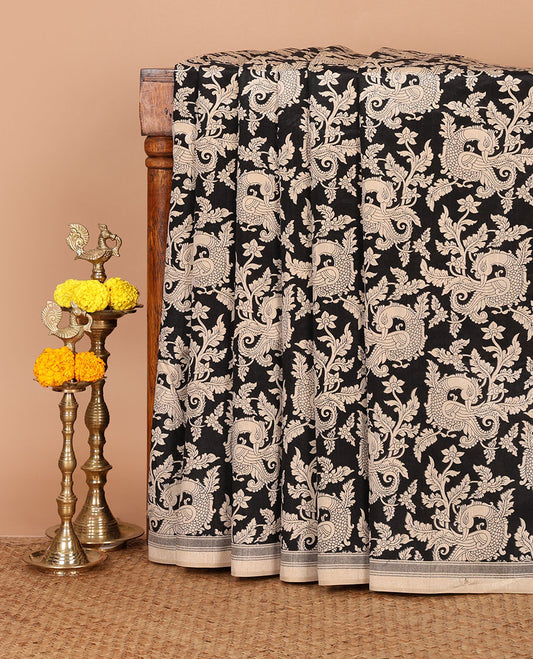 Black kalamkari floral & peacock printed jute cotton saree,contrast border,kalamkari floral & peacock print pallu & plain black blouse