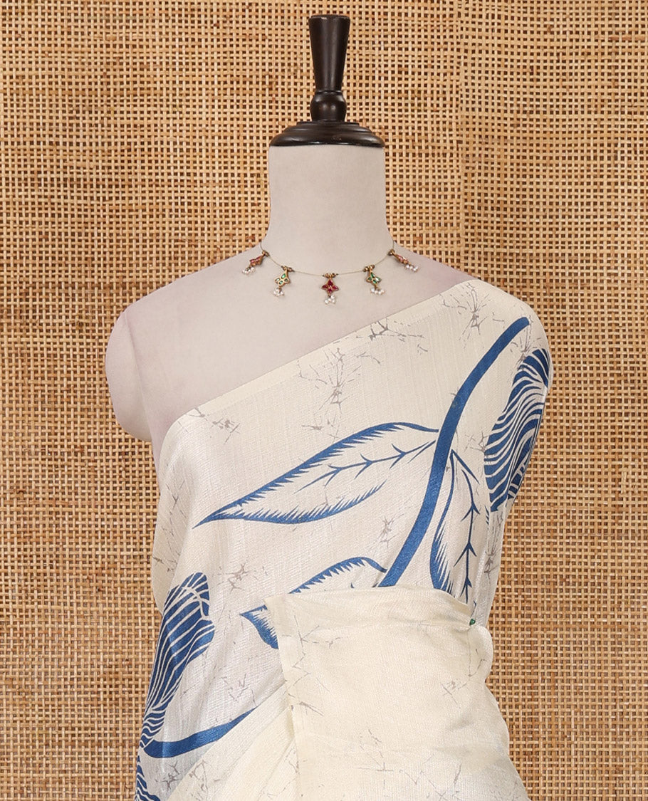 Borderless cream-blue batik-style floral printed khadi cotton saree, printed pallu & printed blouse
