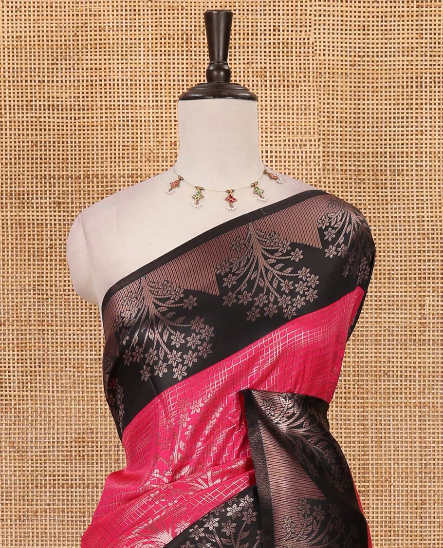 Rani pink zari checked & floral buttas kanchi silk saree,contrast satin border of floral zari motifs,intrictae pallu & contrast plain blouse
