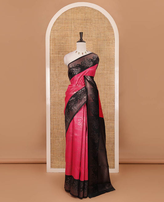 Rani pink zari checked & floral buttas kanchi silk saree,contrast satin border of floral zari motifs,intrictae pallu & contrast plain blouse