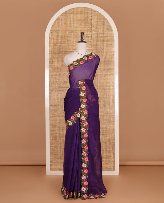 Violet full-plain crunchy crushed saree, scallop floral creeper thread embroidered border, and floral embroidered matching blouse
