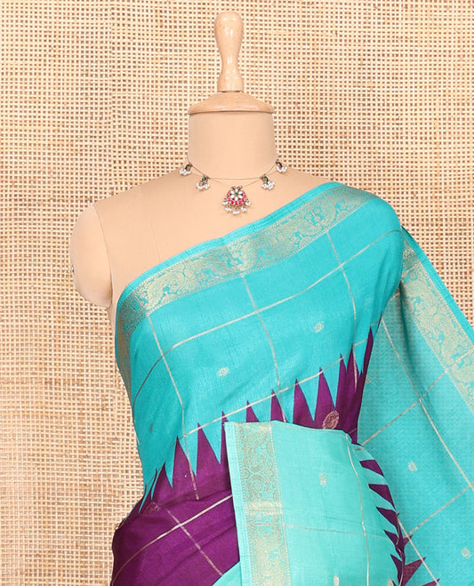 Dark violet and rama zari butta enclosed checked dola silk saree, contrast temple traditional motifs border, paisley motifs printed pallu, and a contrast butta enclosed checked blouse