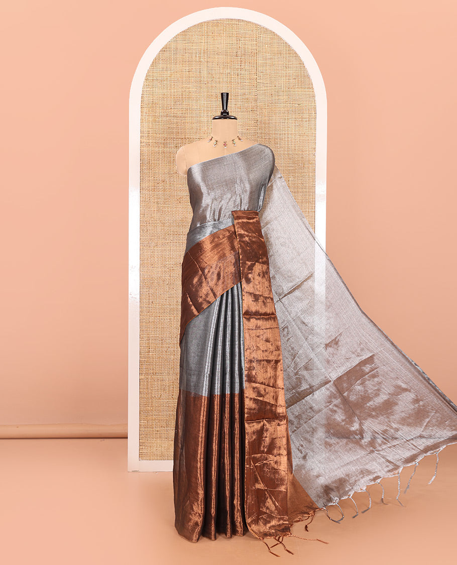 Silver and brown half-and-half plain khadi tissue saree with a self-pallu and a matching blouse