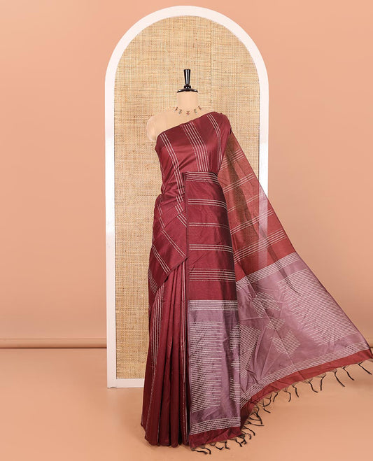 Borderless Maroon Semi-Raw Silk Saree Featuring Elegant Vertical Sequin Stripes Running Across the Body, Complemented by a Contrast Thread-Work Pallu and Paired with a Contrast Blouse