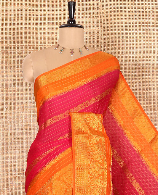 Rani Moss Chiffon Saree, Prettified with Horizontal Stripes, Peacock, and Floral Buttas All Over Its Body, Complemented by a Contrast Traditional Zari Border, Pallu Mirrors the Same Design, and Paired with a Contrast Floral-Paisley Blouse