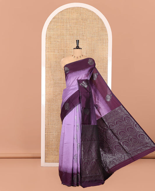 Lavender Kanchi Silk Saree, Adorned with Zari Buttas All Over Its Body, Complemented by a Contrast Border of Unique Buttas, Pallu Grandly Woven with Intricate Designs, and Paired with a Contrast Blouse