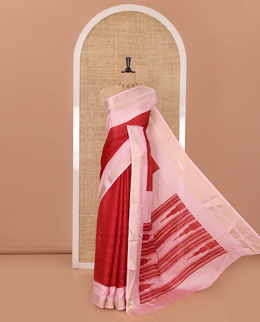 Red Milan Moss Chiffon Saree, Adorned with Stripes on Its Body, Complemented by a Contrast Geometric-Patterned Zari Border, Pallu of Stripes and Temple Designs, and Paired with a Contrast Blouse