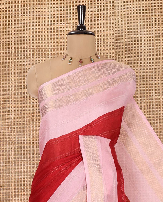 Red Milan Moss Chiffon Saree, Adorned with Stripes on Its Body, Complemented by a Contrast Geometric-Patterned Zari Border, Pallu of Stripes and Temple Designs, and Paired with a Contrast Blouse