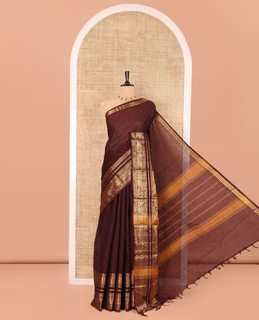 Maroon Plain Chettinad Cotton Saree, Highlighted by Self-Border of Traditional Zari Designs, Subtly Striped Pallu, and Paired with a Matching Blouse