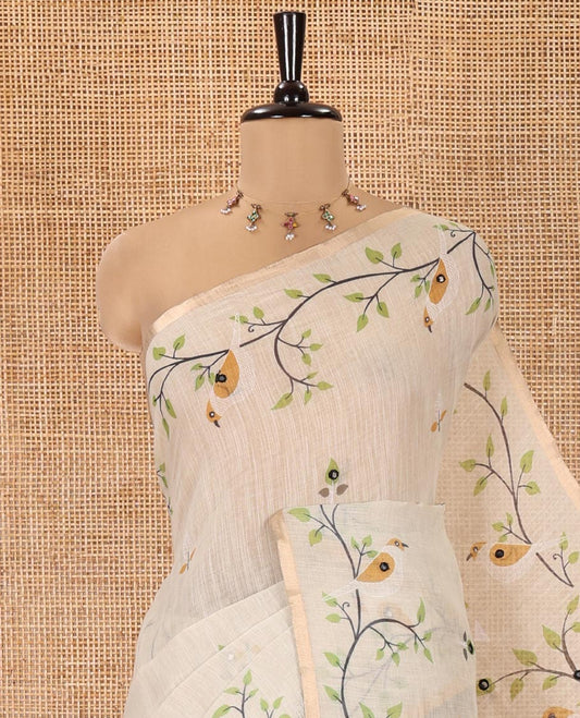 Pista Green Linen Cotton Saree, Embellished with Floral Vine Print and Mirror Work On Its Body, Subtle Piping Border, Pallu Steeped with Stripes, and Comes With a Contrast Blouse