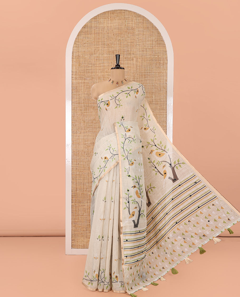 Pista Green Linen Cotton Saree, Embellished with Floral Vine Print and Mirror Work On Its Body, Subtle Piping Border, Pallu Steeped with Stripes, and Comes With a Contrast Blouse