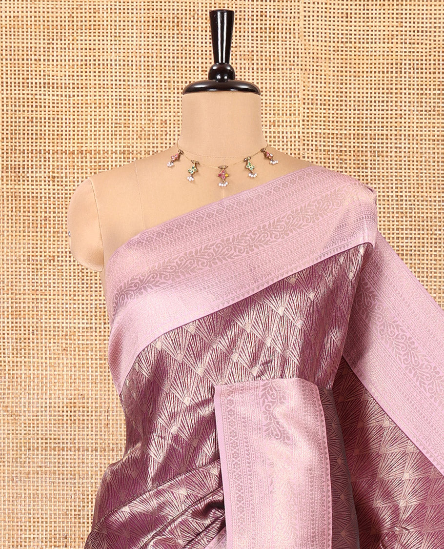 Purple Kanchi Silk Saree, Beautifully Bedecked with Jacquard Design on Its Body, Complemented by a Contrast Traditional Zari Design Border, Sparsely Woven Pallu, and Paired with a Contrast Blouse