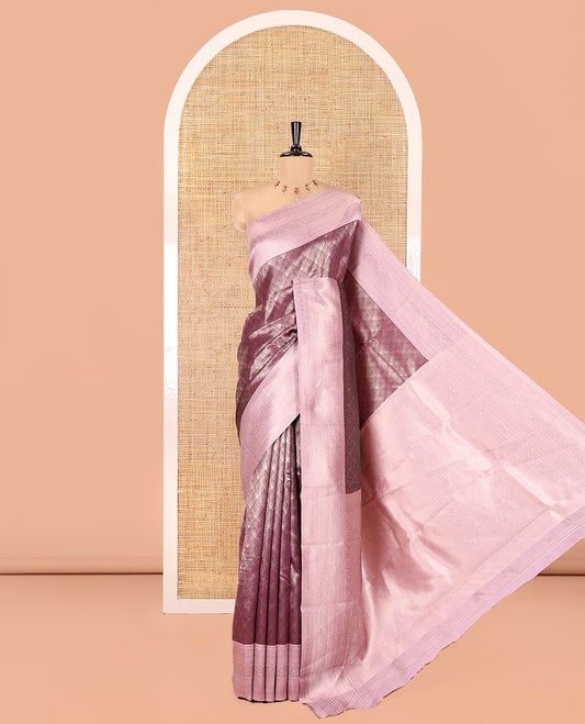 Purple Kanchi Silk Saree Features Jacquard, Contrast Traditional Border, Zari-Weave Pallu, and a Contrast Blouse