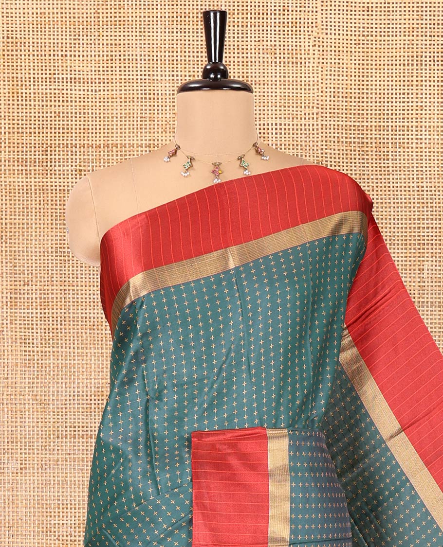 Green Art Soft Silk Saree, Steeped with Plus-Size Buttas All Over Its Body, Complemented by a Contrast Border, Subtly Striped Pallu, and Paired with a Contrast Blouse