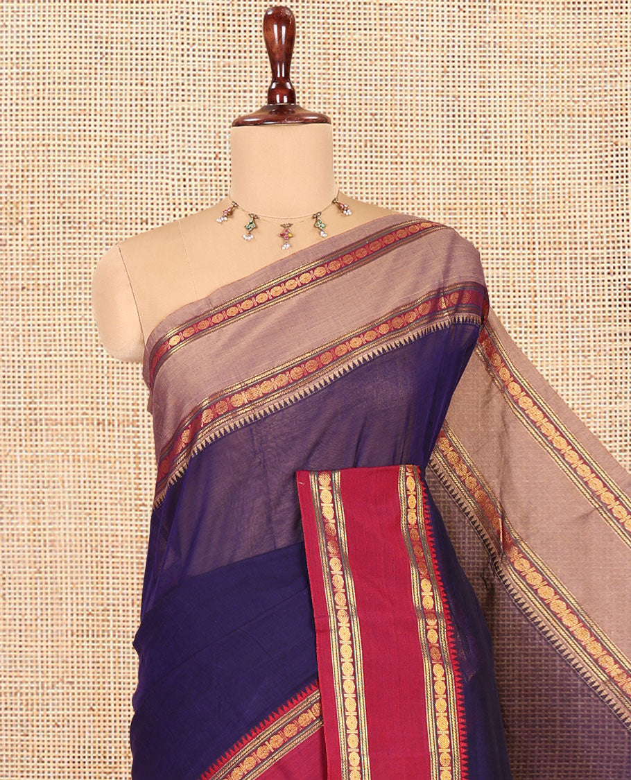 Violet Plain Mercerised Cotton Saree, Contrast Ganga-Jamuna Temple Rudraksha Border, Striped Pallu, and a Matching Blouse
