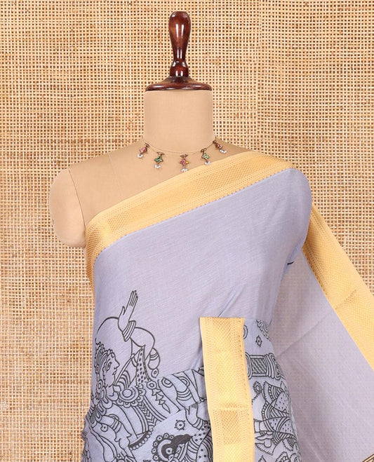 Grey Mangalagiri Cotton Saree Features Kalamkari Flora-Fauna-Humans, a Contrast Border, and Printed Blouse
