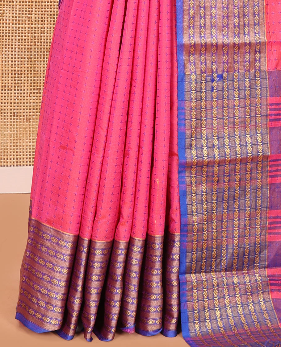 Pink Semi-Soft Silk Saree, Elevated with Plus-Shaped Buttas, Complemented by a Contrast Border, Striped Pallu, and a Contrast Blouse