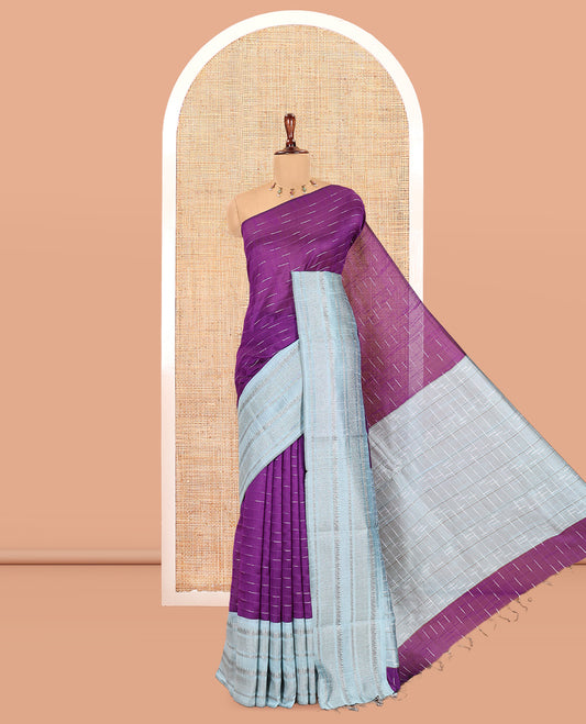 Violet Semi-Raw Silk Saree, Subtly Sparkled with Thread Stripes, a Contrast Traditional Zari Border, Checked Pallu, and a Contrast Blouse