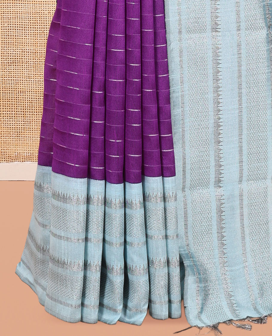 Violet Semi-Raw Silk Saree, Subtly Sparkled with Thread Stripes, a Contrast Traditional Zari Border, Checked Pallu, and a Contrast Blouse