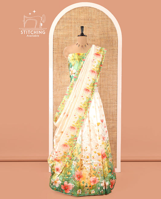 Cream-Parrot Green Semi-Silk Half-Saree, Elevated with Colorful Floral Printed Skirt, a Matching Blouse, and a Floral Printed Semi-Silk Dhavani