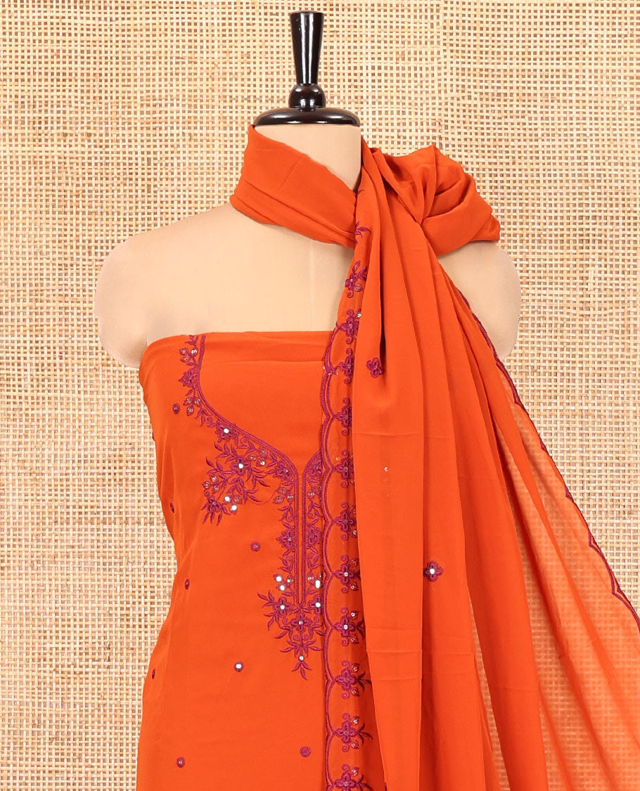 Rust-Purple Georgette Material Chudidar Set, Features Thread and Mirror Work Top, a Plain Santoon Bottom, and an Embroidered Georgette Dupatta