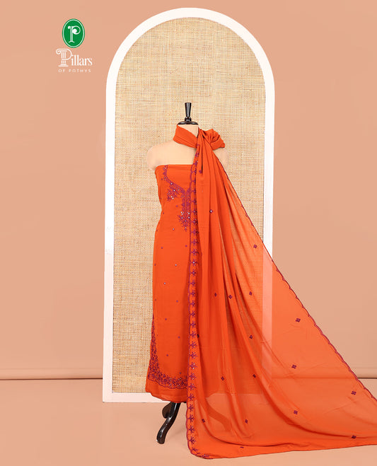 Rust-Purple Georgette Material Chudidar Set, Features Thread and Mirror Work Top, a Plain Santoon Bottom, and an Embroidered Georgette Dupatta
