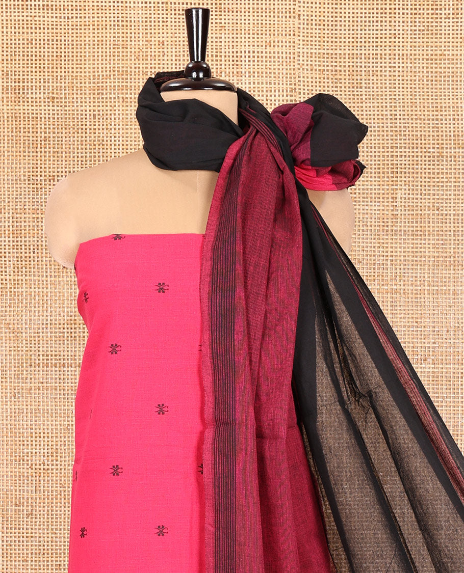 Pink Handloom Cotton Material Chudidar, Buttas Woven Top, a Plain Bottom, and Contrast Dupatta