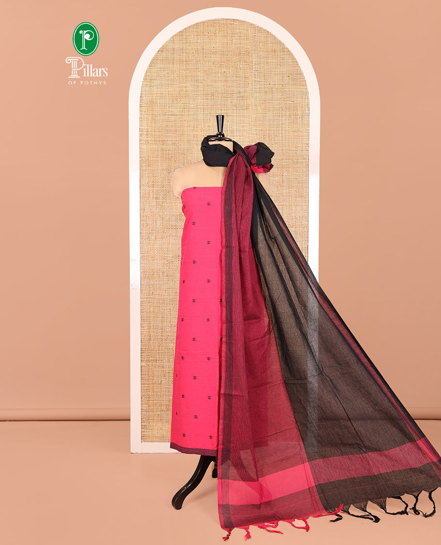 Pink Handloom Cotton Material Chudidar, Buttas Woven Top, a Plain Bottom, and Contrast Dupatta