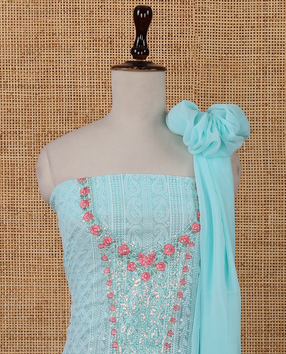 Sea blue chudidar material set,Lucknowi chikankari embroidered & neckwork georgette top,crepe plain bottom, & chiffon plain dupatta