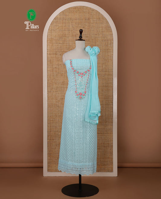 Sea blue chudidar material set,Lucknowi chikankari embroidered & neckwork georgette top,crepe plain bottom, & chiffon plain dupatta