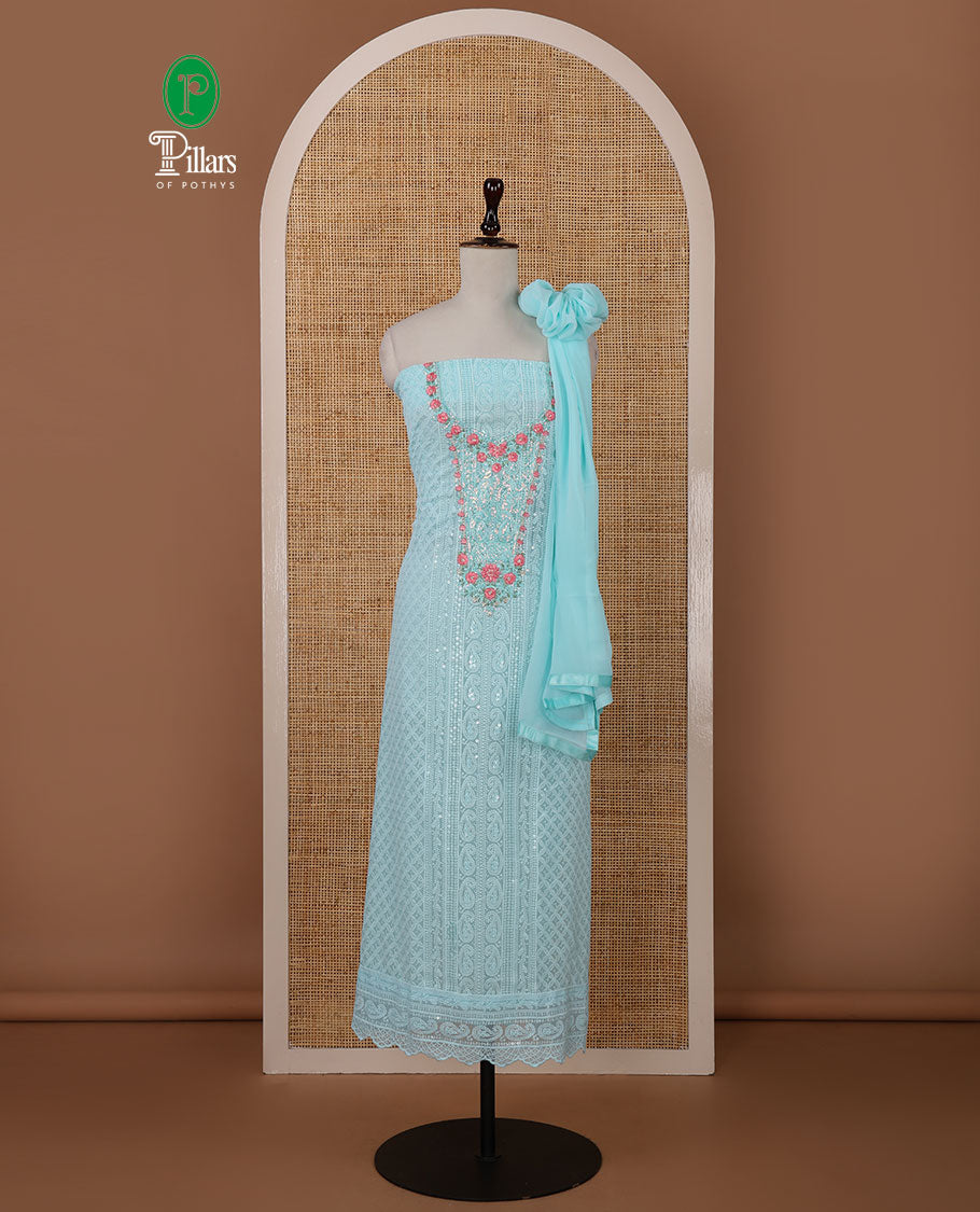 Sea blue chudidar material set,Lucknowi chikankari embroidered & neckwork georgette top,crepe plain bottom, & chiffon plain dupatta