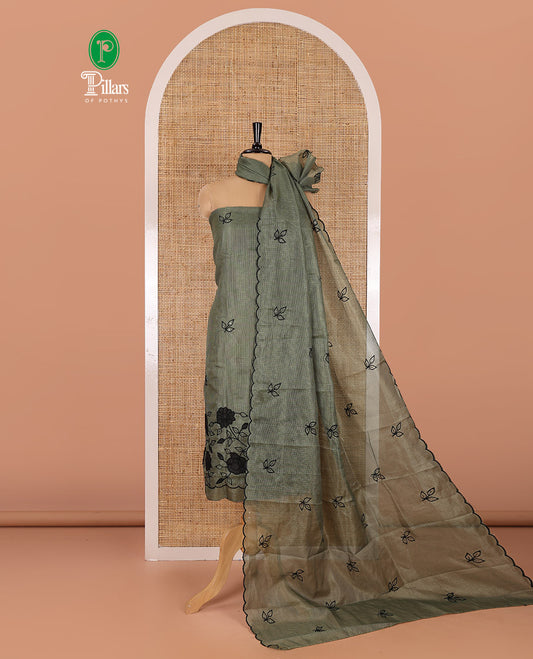 Green material chudidar set, leaf-floral motifs thread and sequins embroidered kota cotton top, a matching bottom, and a leaf motifs thread and sequins embroidered dupatta