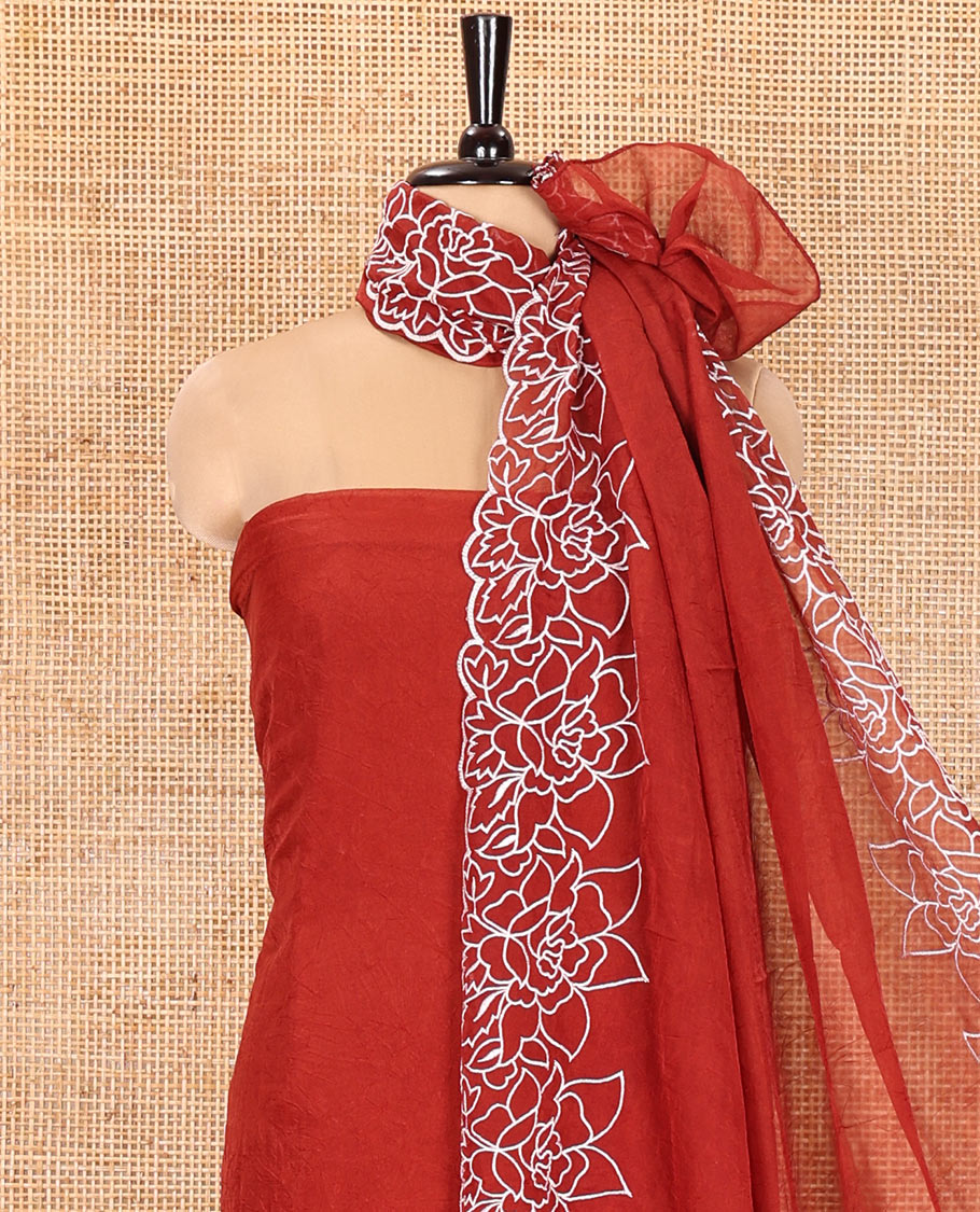 Dark Rust Organza Crushed Material Churidar Set, Elegantly Elevated with Floral-Themed Thread Embroidery Top, Comes with a Plain Santoon Bottom, and Is Paired with Organza Crushed Dupatta of Floral Thread Embroidery