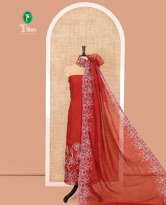 Dark Rust Organza Crushed Material Churidar Set, Elegantly Elevated with Floral-Themed Thread Embroidery Top, Comes with a Plain Santoon Bottom, and Is Paired with Organza Crushed Dupatta of Floral Thread Embroidery