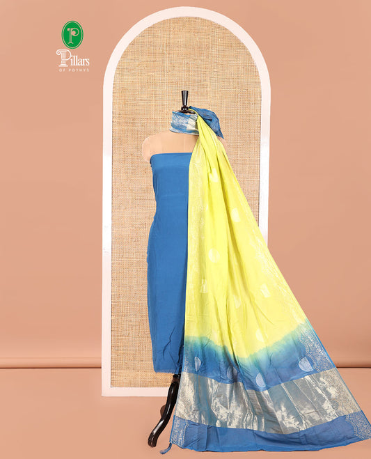 Blue Semi Silk Material Churidar Set, Subtly Made Plain Top, a Plain Santoon Bottom, and Is Paired with a Dual-Colored Bandhani Motifs Semi Silk Dupatta