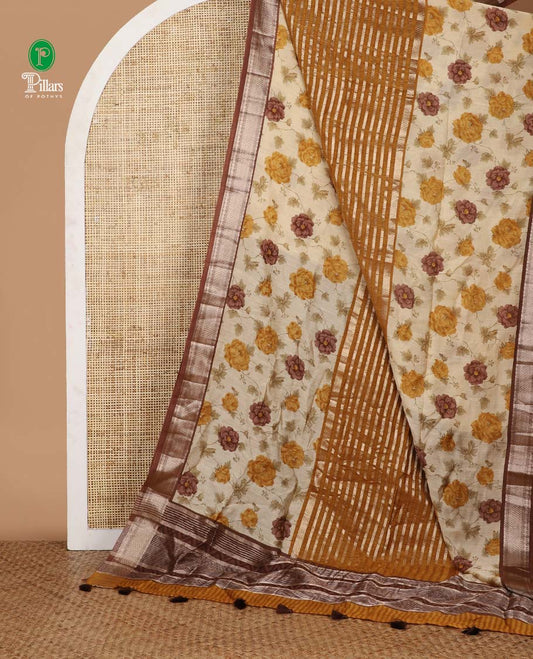 Mustard stripes & floral print chanderi Cotton saree with rudraksh mayil kann border & contrast chick pallu along with contrast blouse