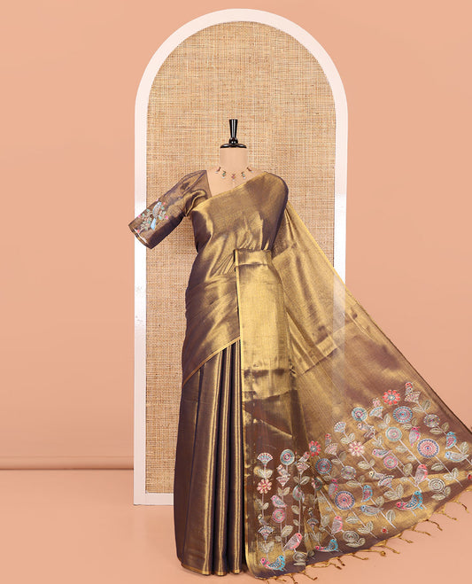 Borderless Navy Blue Tissue Saree, Enthralled with Colorful Floral-Bird Motif Printed with Outline Embroidery on Its Body, and Paired with a Readymade Elbow-Sleeve Round-Neck Blouse