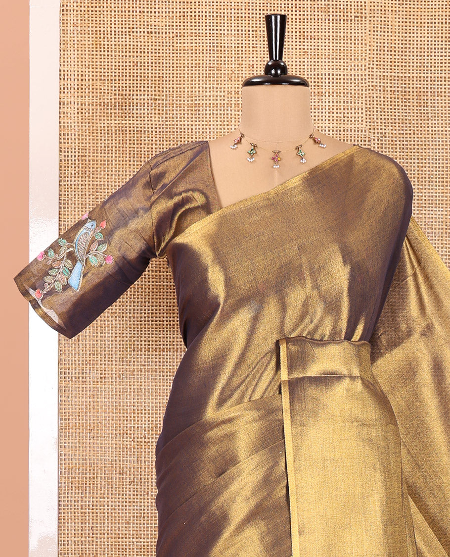 Borderless Navy Blue Tissue Saree, Enthralled with Colorful Floral-Bird Motif Printed with Outline Embroidery on Its Body, and Paired with a Readymade Elbow-Sleeve Round-Neck Blouse