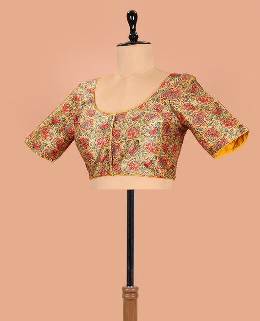 Yellow Readymade Blouse Majestically Detailed with Floral Vine Print, Featuring Front Round Neck, Back Round Neck, and Elbow Sleeves