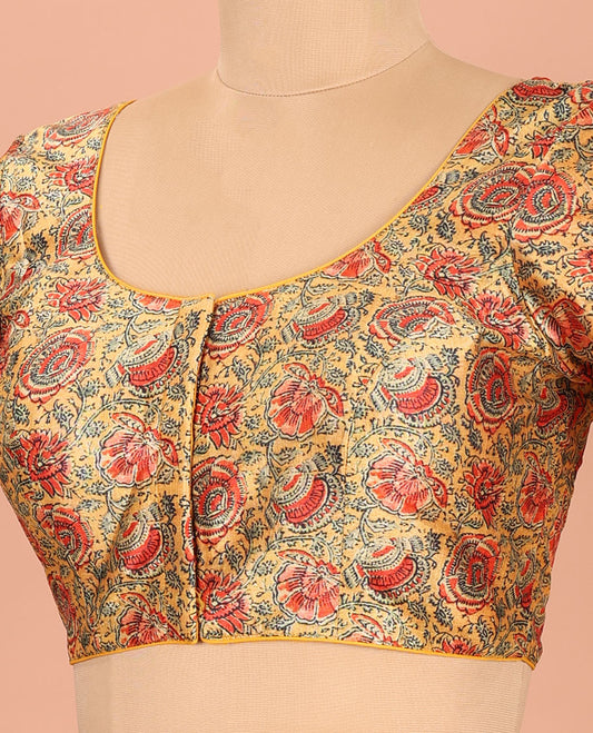 Yellow Readymade Blouse Majestically Detailed with Floral Vine Print, Featuring Front Round Neck, Back Round Neck, and Elbow Sleeves