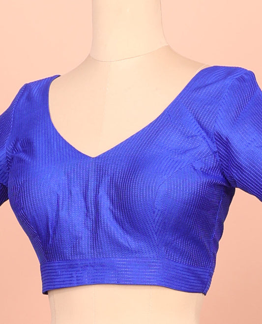 Royal blue thread work front-back leaf-neck elbow sleeve readymade blouse