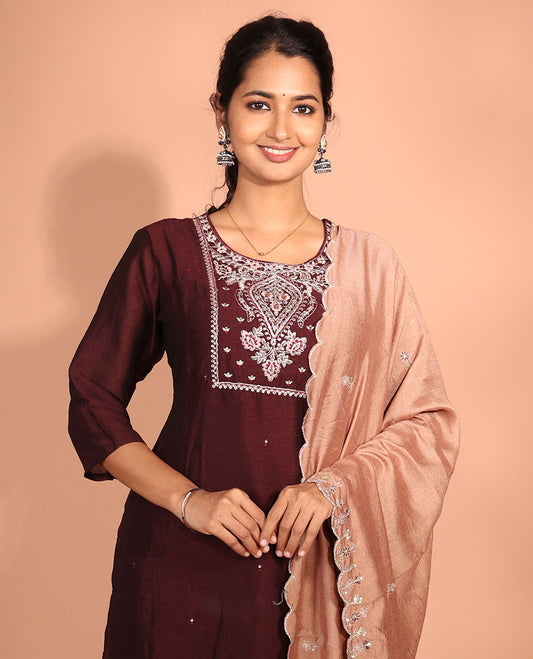 Maroon Vichitra Silk Readymade Suit
