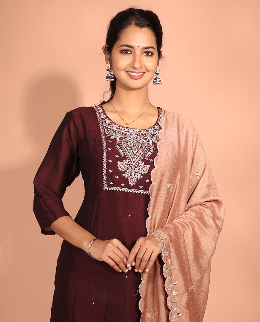 Maroon Vichitra Silk Readymade Suit