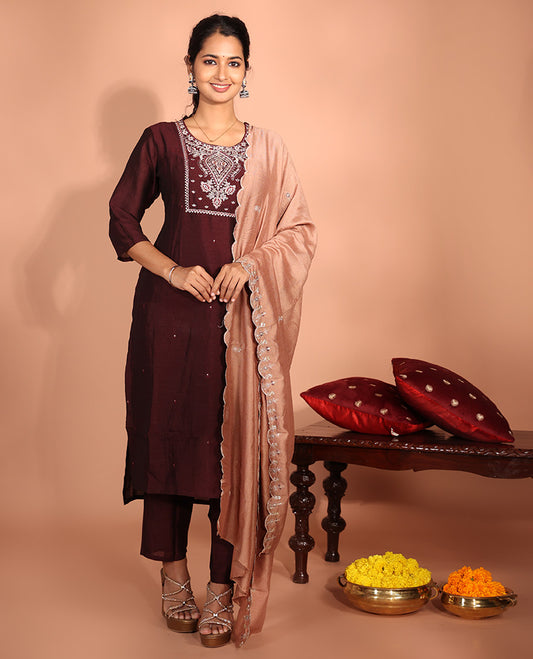 Maroon Vichitra Silk Readymade Suit